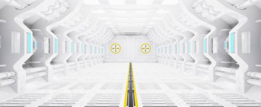 Modern fütürist bilim kurgu uzay gemisi, metal zemin ve ışık panelleri, mavi neon parlayan ışıklar, iç tasarım beyaz arka plan, uzay gemisi iç mimari koridoru, fütüristik tasarımın 3D yansıması