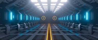 Modern Fütürist Bilim Kurgu uzay gemisi, metal zemin ve ışık panelleri, mavi neon parlayan ışıklar, iç tasarım koyu arkaplan, uzay gemisi iç mimari koridoru, siber punk tasarımı, 3d görüntüleme