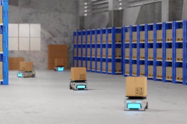 Konsept endüstri 4.0 akıllı araç özerk robot AGV (Otomatik güdümlü araç), depo lojistik ve ulaşım, mukavva kutu otomatik robot, fabrikada üretim, 3D resimleme