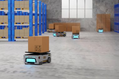 Konsept endüstri 4.0 akıllı araç özerk robot AGV (Otomatik güdümlü araç), depo lojistik ve ulaşım, mukavva kutu otomatik robot, fabrikada üretim, 3D resimleme