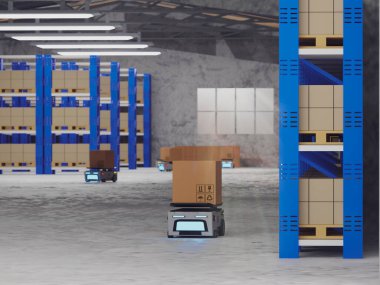 Konsept endüstri 4.0 akıllı araç özerk robot AGV (Otomatik güdümlü araç), depo lojistik ve ulaşım, mukavva kutu otomatik robot, fabrikada üretim, 3D resimleme