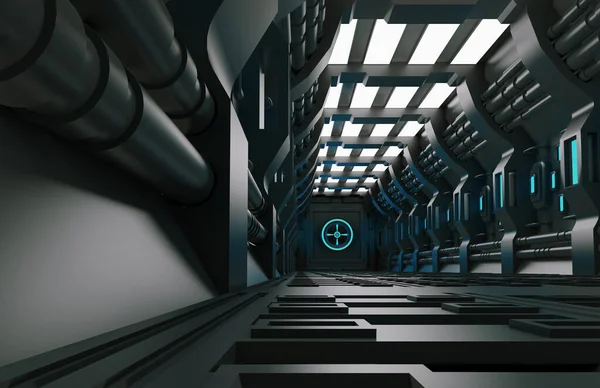 现代未来派科幻宇宙飞船 金属地板和灯板 蓝色霓虹灯 室内设计黑暗背景 宇宙飞船室内建筑走廊 3D渲染未来派设计 — 图库照片