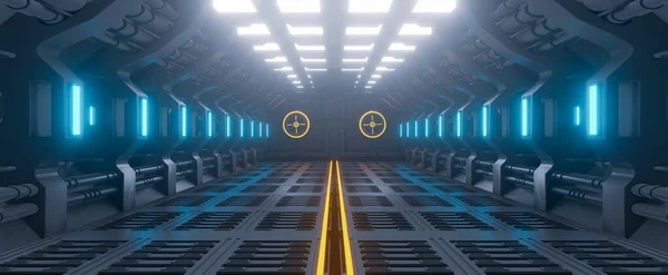 现代未来派科幻宇宙飞船 金属地板和灯板 蓝色霓虹灯 室内设计黑暗背景 宇宙飞船内部建筑走廊 赛博庞克设计 3D渲染 — 图库照片