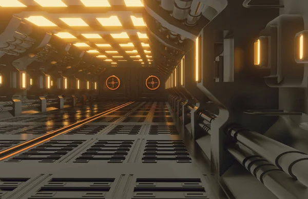 现代未来派科幻宇宙飞船 金属地板和灯板 蓝色霓虹灯 室内设计黑暗背景 宇宙飞船室内建筑走廊 3D渲染未来派设计 — 图库照片