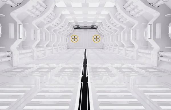 现代未来派科幻宇宙飞船 金属地板和灯板 蓝色霓虹灯 室内设计白色背景 宇宙飞船内部建筑走廊 未来设计3D渲染 — 图库照片