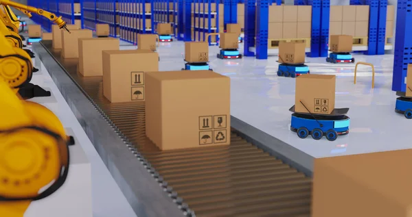 Concept industry 4.0 robotic Artificial Intelligence,Autonomous Robot of warehouse logistic,smart Automated delivery vehicle in modern storehouse shipping,with robot carrier carrying cardboard box