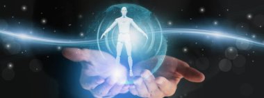 İşadamı dijital yapay zeka ya da robot ile yapay zeka arayüzü kullanıyor, analiz ediyor ve işlemleri yürütüyor. Derin öğrenme sistemi, konsept endüstrisi ya da iş dünyasının gelecekteki yenilikçiliği ve teknolojisini kullanıyor.