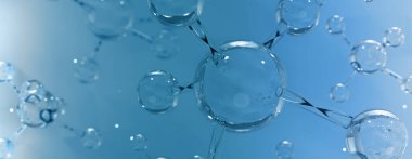 Biyoteknoloji bilim analizi konsepti, şeffaf atom ve molekül su yapısı, mavi arkaplan, laboratuvar, kimya, tıbbi araştırma ve geliştirme mikroskobundan, 3D resimleme