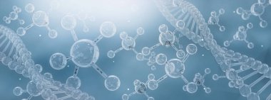 Biyoteknoloji bilim analizi konsepti, DNA su yapısı, mavi arkaplan, laboratuvarda mikroskop, kimya, tıbbi araştırma ve geliştirme, 3D çizim