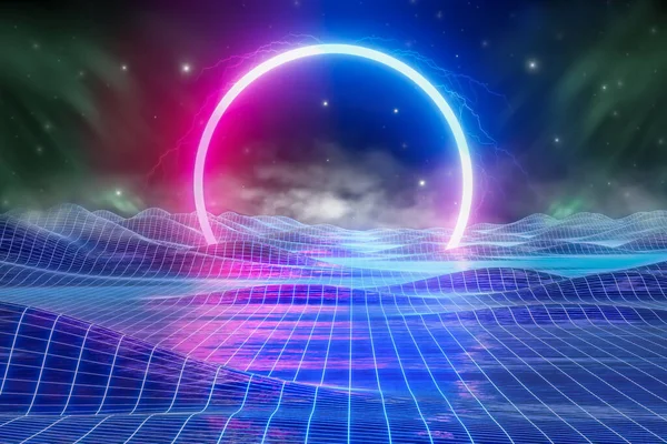 Futuristic Blue Purple Neon Circle Frame Wireframe Wave Landscape Mountain — Stock Photo, Image