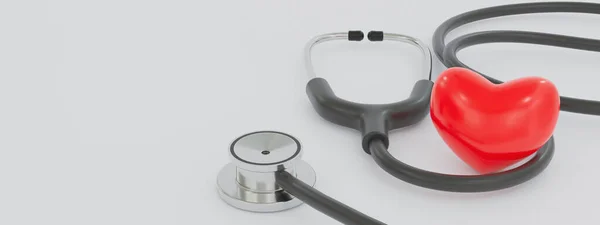 医療心血管強度心臓病 健康診断コンセプト 診断ツール患者 白い背景に隔離された聴診器 3Dレンダリングイラスト バナーヘッダー — ストック写真