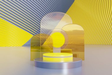 Soyut geometri berrak kristal cam şekil, gri ve sarı parlak pastel renk podyumu, gelişmiş desenli mor arka plan, modelleme ürünü ve kozmetik şov, pazarlama mevcut aşama, 3d