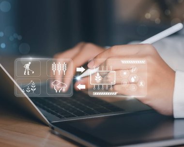 İş dünyası profesyonel kullanım stili kontrol yapay zeka akıllı tarım arayüzü IoT verileri, toprak ve hava izleme, dijital tarım, otomasyon, sürdürülebilir ürün yönetimi yeniliklerini sembolize eder