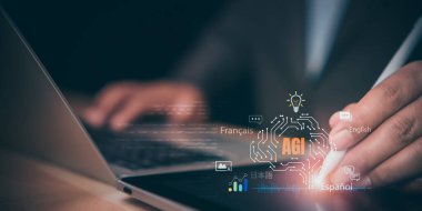 AGI iş adamı ile bilgisayar, çok dilli iletişim, AI Çevirisi Sinirsel ağı ve küresel dijital Global Business için akıllı asistan teknolojisi kullanarak AGI dil işleme arayüzü.