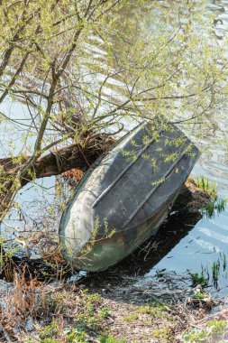 Parktaki nehir kıyısında devrilmiş eski bir ahşap tekne.