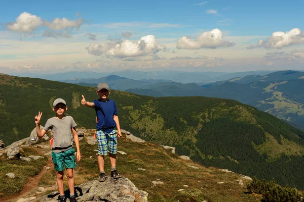 Duas Crianças Pequenas Irmãos Meninos Pico Rochoso Uma Montanha Montanhas — Fotografia de Stock