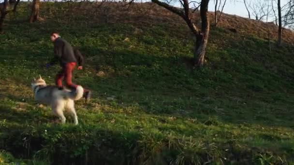 Хлопчик-підліток біжить в саду з білим чистокровним собакою. Прогулянки домашніми тваринами в парку . — стокове відео