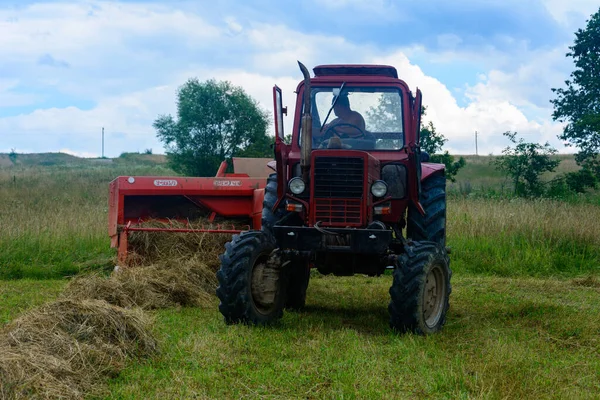 乌克兰多利纳 2020年7月11日 白俄罗斯拖拉机在田里 干草包 牧草收获用于牧羊 2021年 — 图库照片