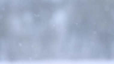 Kar taneleri kışın yavaş çekimde Bokeh 'ten düşer. Kar yağışlı büyüleyici bir video..