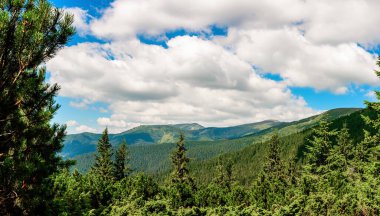 Karadağ sırtının panoramik manzarası, Ukrayna Karpatlarının pitoresk manzaraları. yeni