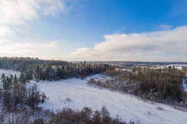 Orman ve tarlaların kış manzarası, ormandaki karlı tarlalar ve ağaçlar. yeni
