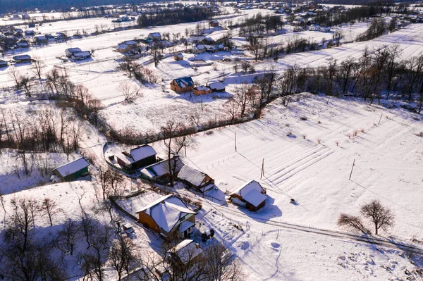 Winter Landscape Bird Eye View Several Houses Field New — Stock Photo, Image