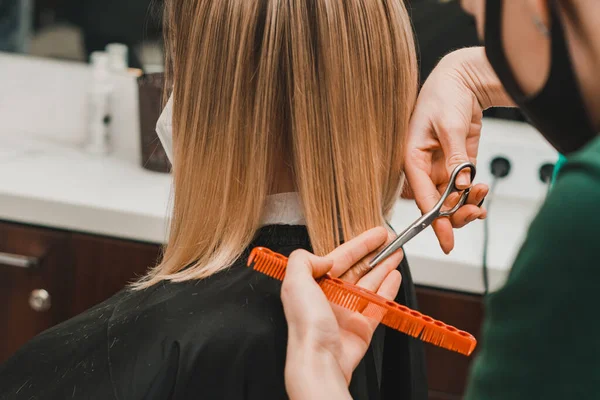 美容師によって髪の毛の端をまっすぐに 理髪店でヘアカット 新しい — ストック写真