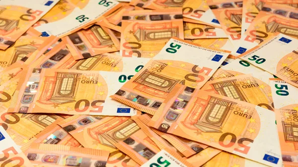Billetes Denominación Euros Están Dispersos Azar Fondo Textura Moneda Europea — Foto de Stock