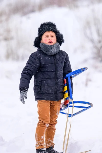 Der Typ Rodelt Den Berg Hinunter Der Winter Freut Sich — Stockfoto