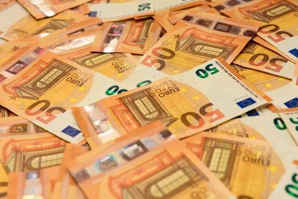 Billetes Denominación Euros Están Dispersos Azar Fondo Textura Moneda Europea — Foto de Stock