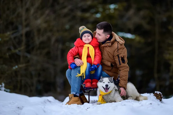 Pai Com Uma Filha Bonita Cão Husky Estão Andando Floresta — Fotografia de Stock