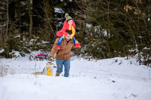 Téli Séta Apa Lánya Kutyája Erdőben Fényes Téli Ruhák — Stock Fotó