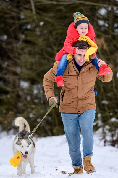 Winterspaziergang Vater Mit Tochter Und Hund Wald Helle Winterkleidung Neu — Stockfoto