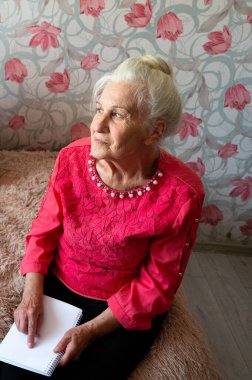 Yaşlı bir kadın lüks bir yüzeyde düşünceli bir şekilde oturur ve mesafeye bakar. Onun canlı pembe bluzu narin çiçekli duvar kağıtlarıyla çelişiyor, sıcaklığı ve nostaljiyi çağrıştırıyor..