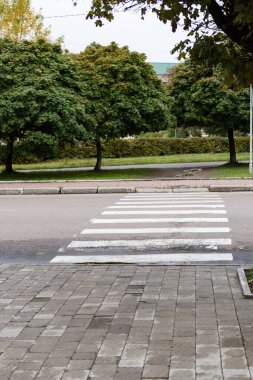 Davetkar bir yaya geçidi, bulutlu gökyüzünün altındaki canlı ağaçlar tarafından çerçevelenmiş ve doğada sakin yürüyüşlere davet edilen huzurlu bir şehir manzarasına öncülük eder..