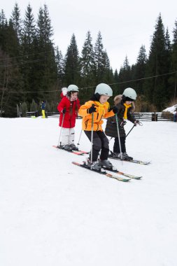 Serin bir kış günü, üç çocuk yumuşak yamaçlarda kayak yapıyor, parlak ceketler ve kasklar giyiyorlar, arka planda hep yeşil ağaçlar var..