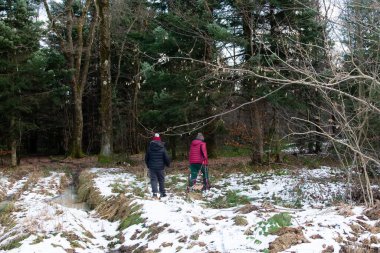 Bir çift genç çocuk kış gününün tadını çıkarıyor, karla kaplı bir orman patikasında geziniyorlar. Ağaçlar arasındaki karlı yolda küçük bir kızak çekerler..