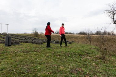 Lavanta çiftliğindeki yemyeşil bir tarlada neşeyle yürüyen iki insan bulutlu gökyüzü ve düzgünce düzenlenmiş lavanta çalılarına karşı canlı bir sohbete girişiyor..