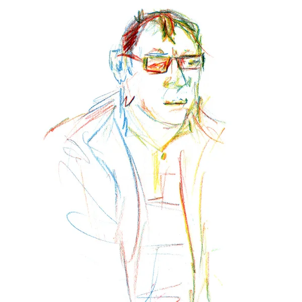 Γρήγορη πορτρέτο σκίτσο ενός χοντρού άνδρα με γυαλιά - ζωγραφισμένα στο χέρι εικονογράφηση με χρωματιστά μολύβια — Φωτογραφία Αρχείου