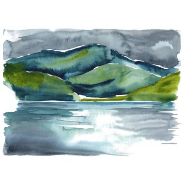 Dağlı ve ormanlı dağ gölü manzarasının çizimi - elle çizilmiş suluboya çizimi