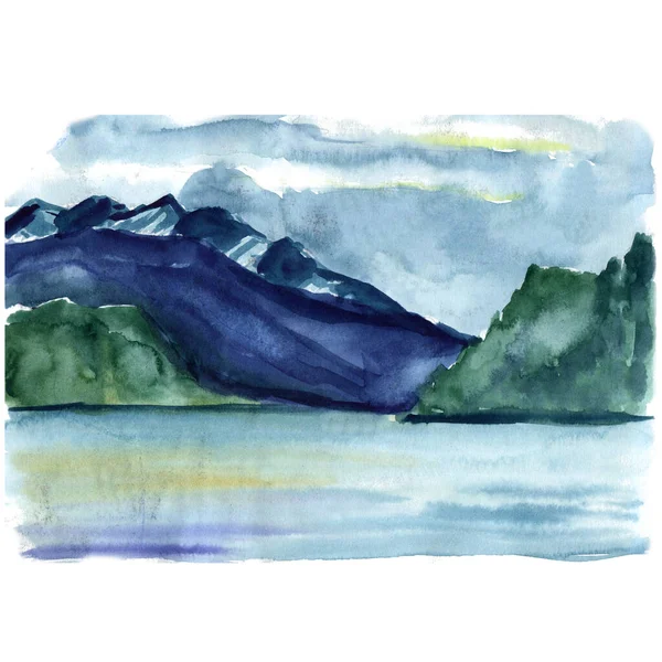 Быстрый набросок пейзажа горного озера с горами и лесом - нарисованная вручную акварельная иллюстрация — стоковое фото
