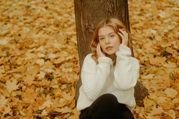 白いセーターを着た女の子が秋の葉の上に座っている 正方形の美しいブロンドがカメラを見ています 秋の公園でアウトドア女性 — ストック写真