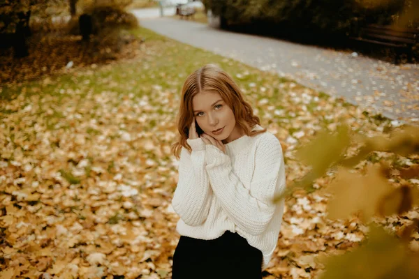 Uma Menina Bonita Parque Outono Contra Fundo Das Folhas Outono — Fotografia de Stock