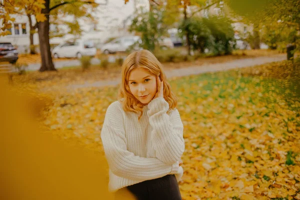 Una Hermosa Chica Parque Otoño Sobre Fondo Las Hojas Otoño — Foto de Stock