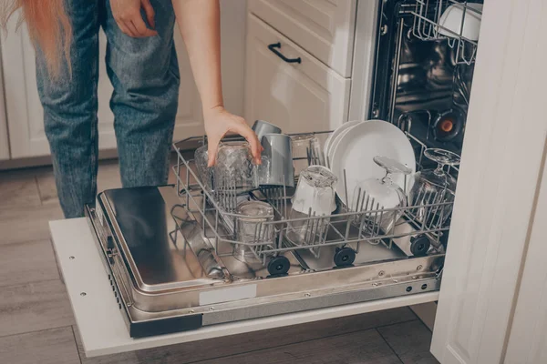 Built Dishwasher Dishwashing Woman Loads Washed Dishes Cups Glasses Woman — Stock Photo, Image