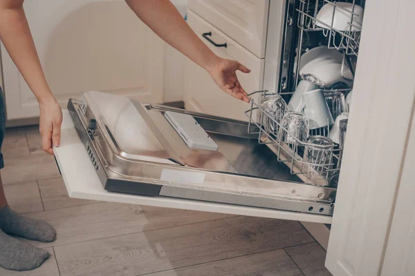 Built Dishwasher Dishwashing Woman Loads Washed Dishes Cups Glasses Woman — Stock Photo, Image