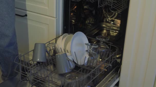 Built Dishwasher Dishwashing Woman Loads Washed Dishes Cups Glasses Woman — Stock Video