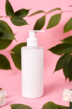 Kozmetik, krem ve şeker, pembe arka planda losyon. Yaprak ve çiçeklerden oluşan beyaz bir şişe. Doğal Kozmetik