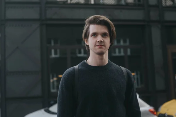 Portrait Student Guy Backpack Street Guy Long Hair Looks Away — Stock Photo, Image