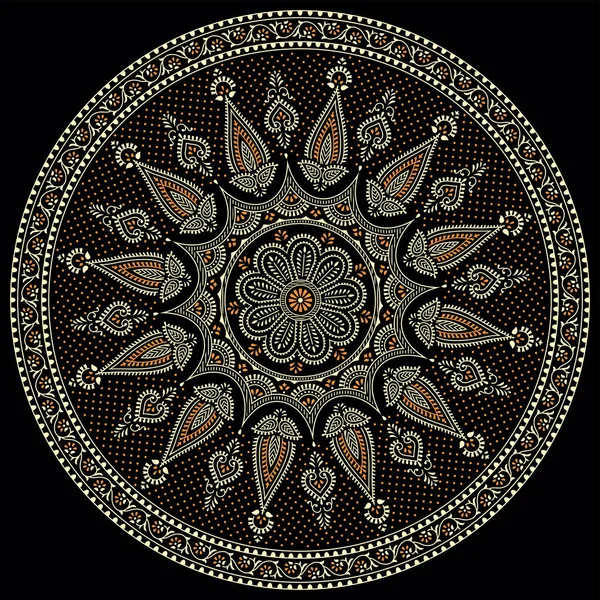 Vetor Redondo Mandala Art Print Fundo Preto —  Vetores de Stock